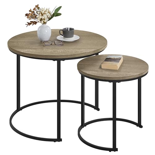 Yaheetech Round Nesting Coffee & Side Table Set of 2 for Living Room, Gray | Space-Saving Nesting Design, Engineered Wood Tops on Black Metal Frames, Use Apart as End Tables, Easy Assembly, 99 lb Max - color: Grey