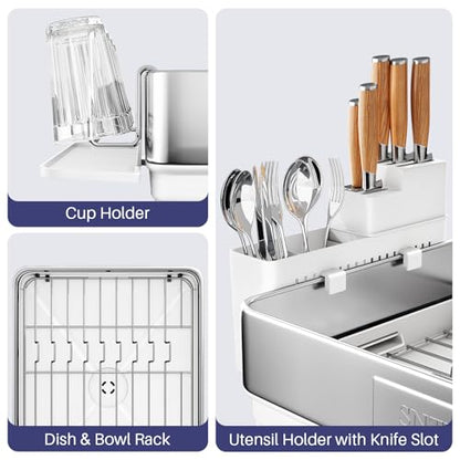 SNTD 304 Stainless Steel Dish Drying Rack for Small Kitchen Counter, White | Rustproof, Large Capacity, Heavy-Duty Frame, Rotating Spout, Angled Drainboard, Removable Cup & Utensil Holder - color: White