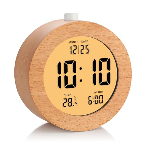 Plumeet Wooden Digital Alarm Clock for Bedrooms, Wood 4'' Battery Powered Alarm Clock with Snooze and Nightlight, Electronic LCD Desk Clock Display Time, Date, Temp, 12/24H, Wood Décor, Round, Brown - color: Brown, size: Round 4.1''