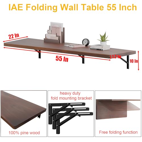 IAE Floating Wall Mounted Folding Table Desk with Pine Wood,55x22in, Walnut | Foldable Workbench,Fold Down Wall Mounted Foldable Desk with Shelf Brackets,Laundry Folding Table for Home,Dining,Kitchen - color: Walnut, size: 55*22*10 Inch