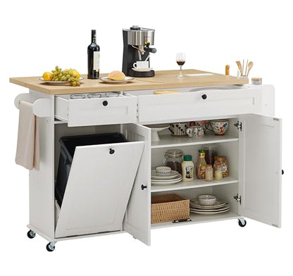 60" Kitchen Island with Power Outlet & Drop Leaf, Rolling Island with Spice Rack & Towel Rack, Kitchen Island Cart with Trash Storage Cabinet, Island Table for Kitchen, White - color: White
