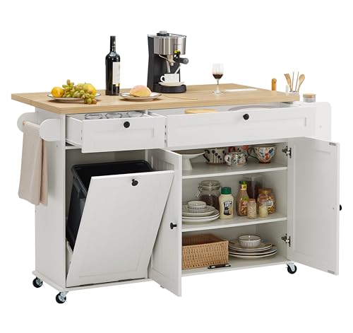60" Kitchen Island with Power Outlet & Drop Leaf, Rolling Island with Spice Rack & Towel Rack, Kitchen Island Cart with Trash Storage Cabinet, Island Table for Kitchen, White - color: White