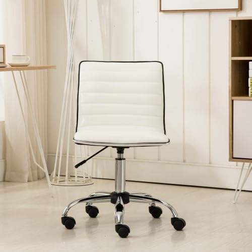 Armless Small Swivel Desk Chair, Vanity Office Desk Chair with Wheels | Adjustable Task Chairs, Modern Adjustable Height Work Chairs with Faux Leather Fabric & Padded Seat for Home Office, White - color: White
