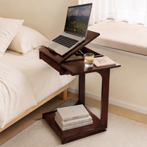 Mazatzal C-Shaped End Table with Wheels, Bamboo, Walnut | Rolling Couch Table, Ultra-Silent Casters, 5-Angle Adjustable Desktop, Foldable Shelf, for Living Room Home Office