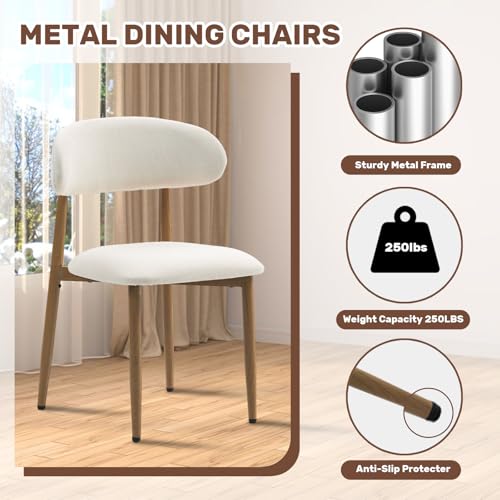 UVV Dining Chairs Set of 4, Metal Kitchen Chairs with Modern Fabric Upholstered for Dining Room, Beige - color: Beige Seat /Wood-grain Metal Legs