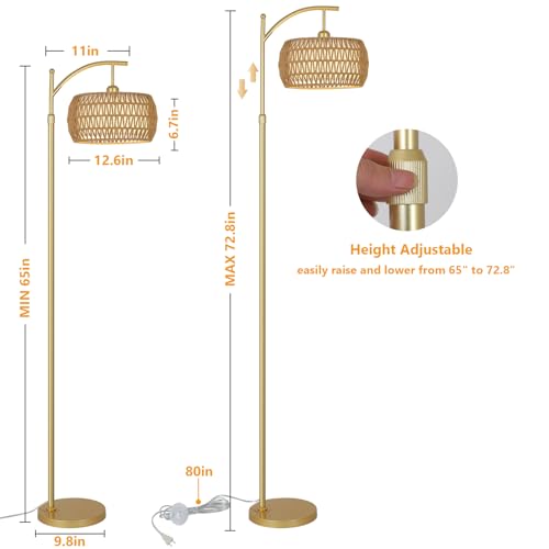 eyassi Arc Floor Lamp with 3 Color Temperatures, LED Gold Floor Lamp with Remote & Stepless Dimmable Bulb, Boho Standing Lamp with Rattan & Fabric Shades, Farmhouse Tall Lamp for Living Room Bedroom - style: Bohemian-Gold