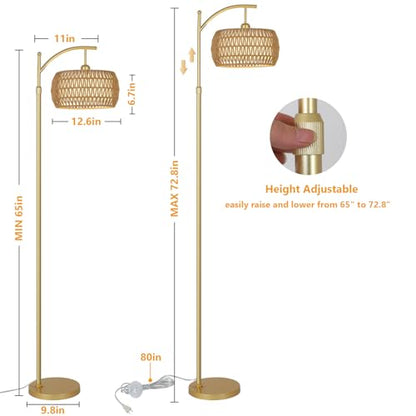 eyassi Arc Floor Lamp with 3 Color Temperatures, LED Gold Floor Lamp with Remote & Stepless Dimmable Bulb, Boho Standing Lamp with Rattan & Fabric Shades, Farmhouse Tall Lamp for Living Room Bedroom - style: Bohemian-Gold