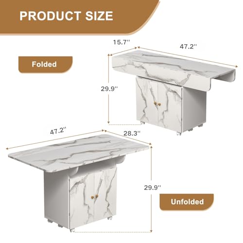 Folding Dining Table for 4-6 with Storage Rack and Cabinet, White Marble Color Kitchen Island, Versatile Space-Saving Table - color: White (Table Only)