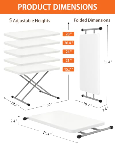 Folding Table 30 Inch, Heavy Duty Adjustable Height TV Tray Portable Plastic Small Foldable Table Indoor Outdoor for Laptop, Camping, Picnic and Dining, White
