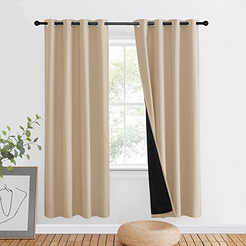 NICETOWN Living Room Completely Shaded Drapery, Privacy Protection & Noise Reducing Ring Top Drape, Black Lined Insulated Window Treatment Curtain Panel (Biscotti Beige, 1 Piece, W46 x L72) - color: Biscotti Beige, size: 46"W x 72"L (Pack of 1)