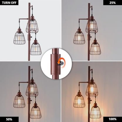 9MMML Dimmable Floor Lamp,Industrial Farmhouse Tall Standing Floor Lamp for Living Room, Bedroom Office,3 Teardrop Cage Lampshade,3 LED Bulbs Inculded. 68'' Tall - color: Oil-Rubbed Bronze
