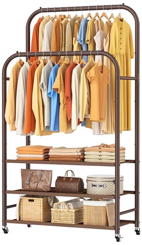 HOMIDEC Clothes Rack,Double Rods Clothing Rack with 3 Tier Shelve&Wheels | Metal Garment Rack Multifunctional Closet Organizers and Storage System for Bedroom,Wardrobe Closet,Shop,Black - color: Brown