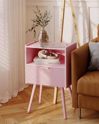 Nightstand,Modern Bedside Table with Storage Drawer and Open Wood Shelf, for Living Room, Bedroom and Small Spaces, Accent Night Stand with Solid Wood Legs, Easy Assembly,Classic Pink - color: Pink
