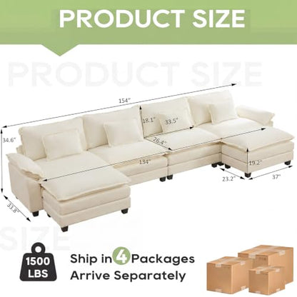 154" Modular Sectional Sofa, Comfy Deep Cloud Couch with Ottoman | U-Shaped Couches for Living Room, Modular Couch, Deep and Wide Seat, Chenille Sofa Sleeper with Throw Pillows, Beige White - color: Beige White, size: 154 Inch U