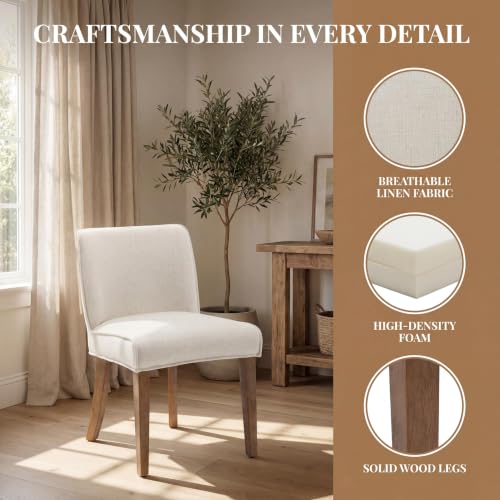 Mid-Century Dining Chairs Set of 6, Linen Fabric Solid White Kitchen Chairs with Walnut Wood Leg Cushioned Back Modern Rustic Side Chairs for Dining Room/Kitchen/Restaurant - color: Linen- White, size: 6 Chairs