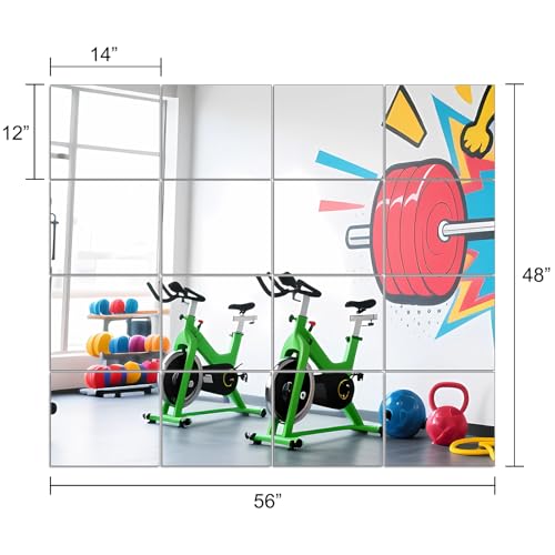 Ruomeng Home Gym Mirrors 14" x 12" x 16Pcs Wall Mounted Mirror Glass Frameless Full Length Mirror Tiles for Home Gym, Bedroom, Door & Bathroom | Workout Mirror Tiles for Garage, Bedroom, Living Room, Over The Door, Frameless Mirror Sets - size: 14"x12"-16