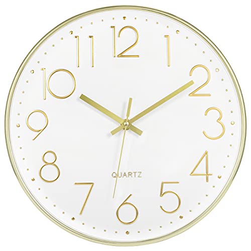 Foxtop 12" Modern Wall Clock Silent Battery Operated Analog Clock, Gold | Non Ticking, Quartz, Round, Easy to Read, Bedroom, Kitchen, Living Room, Office - color: Gold, size: 12 Inch Quartz