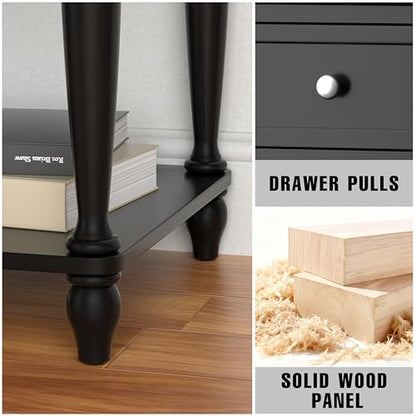 Solid Wood Nightstand with Charging Station, Traditional End Table with Drawers and Open Shelf, Bedside Table with Storage, Modern Side Table for Bedroom, Black - color: Black