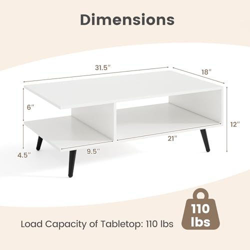 GOFLAME Wood Coffee Table, 2-Tier Mid Century Modern Center Table with 2 Open Storage Compartments & Metal Legs, Rectangular Accent Tea Tables for Living Room, Home Office, Apartment, White - color: White