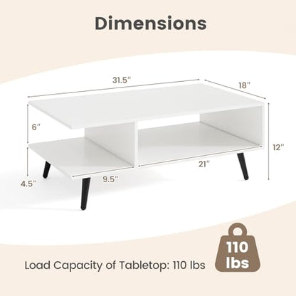 GOFLAME Wood Coffee Table, 2-Tier Mid Century Modern Center Table with 2 Open Storage Compartments & Metal Legs, Rectangular Accent Tea Tables for Living Room, Home Office, Apartment, White - color: White