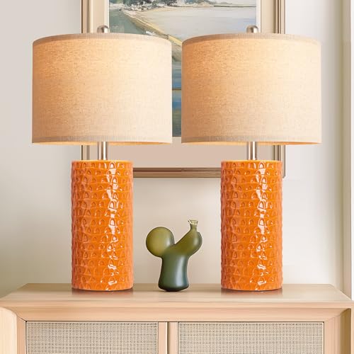 23" Modern Ceramic Table Lamp Set of 2, Table Lamps for Living Room, Rustic Farmhouse Bedside Lamps Nightstand lamp for Bedroom, Desk Lamp for End Table Home Decor Orange - color: Orange