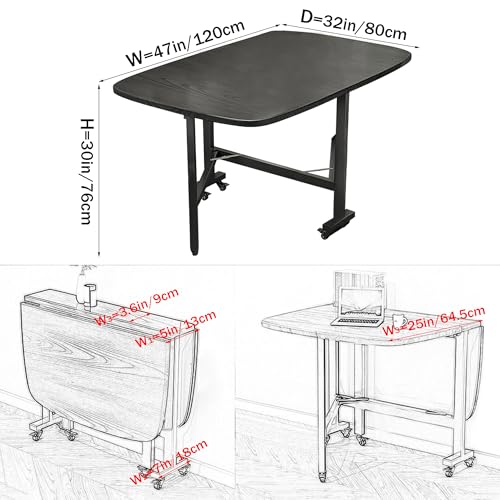 Multifunction Table Drop Leaf Dining Table - 47" Wooden Foldable Kitchen Table with 6 Wheels (Black) - color: Black