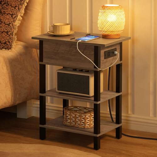HOOBRO End Table with Charging Station, Flip Top Side Table with USB Ports, Narrow Nightstand Bedside Tables with Storage Shelves, for Small Space, Living Room,Greige and Black BG141UBZ01 - color: Greige + Black