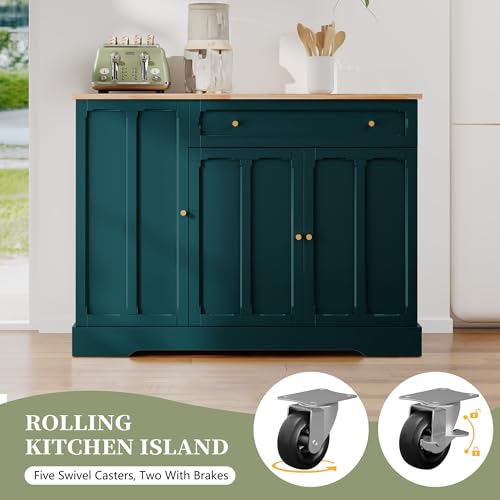HLR Kitchen Island with Drop Leaf & Storage, Solid Rubber Wood Top Rolling Kitchen Cart with Carved Recessed Panel Doors, Large Mobile Island Table on Wheels for Kitchen, Dining Room (Green) - color: Green