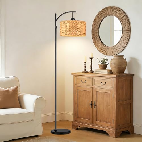 QIYIZM Floor Lamp for Living Room Bedroom Farmhouse Arc Rattan Boho Standing Lamp with Remote Dimmable Black Wicker Bamboo Lamp Shade Floor Light Adjustable Tall Lamp Industrial Floor Lamps Bohemian - size: 1-Floor Lamp