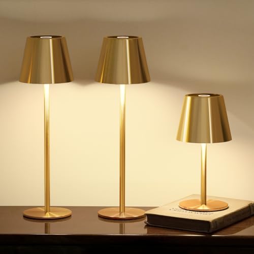 3 Pack Cordless Table Lamp, Portable Battery Operated Lamp with 3 Color Temps and Stepless Dimming, Rechargeable Table Lamp for Dinner, Desk, Cafe, Outdoor (Brushed Gold) - color: Brushed Gold, size: 3 Pack