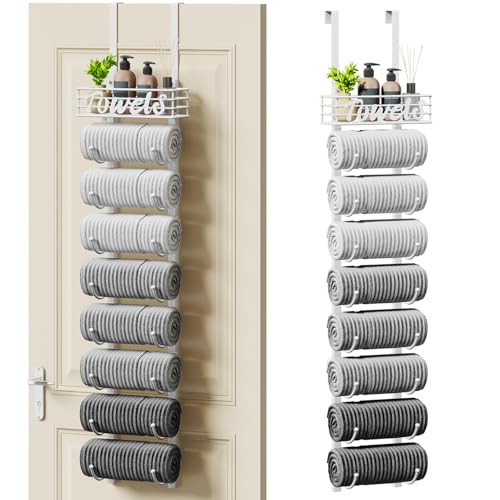 SWTYMIKI Hanging Towel Racks for Bathroom - 9 Tier Over the Door & Wall Mounted Bath Rolled Towel Storage Organizer Holder for Small Bathroom, RV, Camper, White (Patented) - color: White, size: 9-Tier