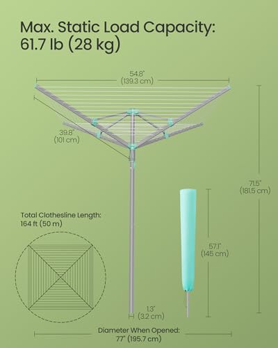 SONGMICS Umbrella Clothesline, Rotary Washing Line, Foldable Heavy-Duty Outdoor Clothes Drying Rack with Clips, Cover, Ground Anchor, 164 ft (50 m) Long for 5 Loads of Laundry, Silver ULLR307EZ01 - size: 54.8"D x 54.8"W x 71.5"H, style: Standard (Steel)