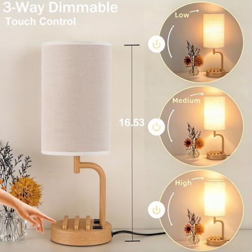 Dreamholder Touch Control USB Table Lamp with USB C/A & AC Outlet, 3-Way Dimmable Bedside Lamp, Modern Nightstand Lamps for Bedroom Living Room Guest Room Office, Bulb Included, Woodgrain - color: Woodgrain