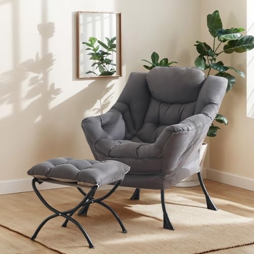 Lazy Chair with Ottoman, Soft Comfy Chair for Bedroom, Grey | Reading Accent Lounge Chair with folding Foot Stool for Living Room Dorm Apartment, sturdy metal frame - color: Dark Grey