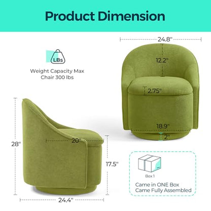 LINSY Swivel Accent Chair Set of 2, Comfy Chenille Barrel Chairs with Storage 360 Swivel Modern Armchair for Living Room Bedroom, Small Boucle Reading Chair for Study Room (Green) - color: Green (Set of 2)