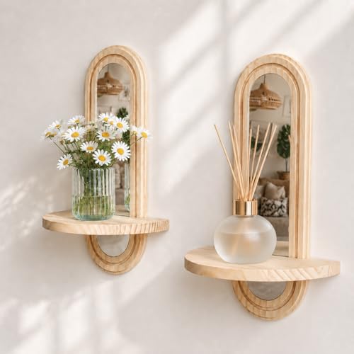 Artilady Floating Shelves with Arched Mirror, Boho Wall Decor for Storage | Solid Wood Hanging Trinket Shelf, Modern Plant Candle Holder for Small Space, Farmhouse Bathroom Bedroom Living Room Wall Art - color: Beige With Mirror