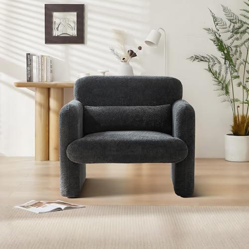 33.9'' Upgrade Lambswool Fabric Accent Chair with Arms, Modern Single Sofa Chair Armchair Upholstered Comfy Reading Arm Chair for Bedroom, Living Room,Gray - color: Dark Gray, size: 30.31"D x 33.9"W x 31.5"H