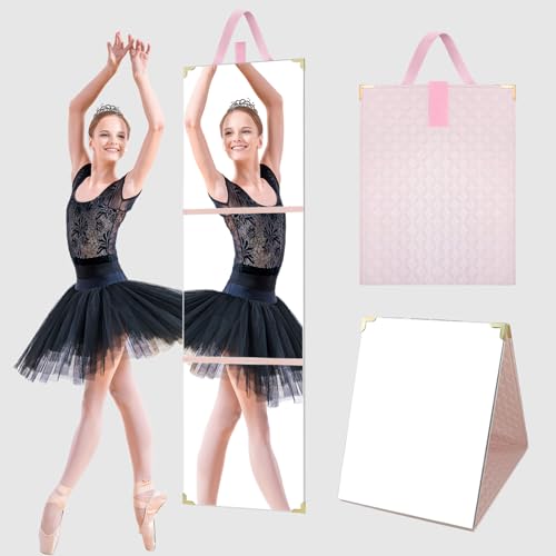 49 x 12 Inches Foldable Portable Full Length Mirror for Travel, Shatterproof Trifold Hanging Folding Mirror for Camping, Dance Bag with Garment Rack, Makeup Full Body Over the Door, Large, RV, Pink