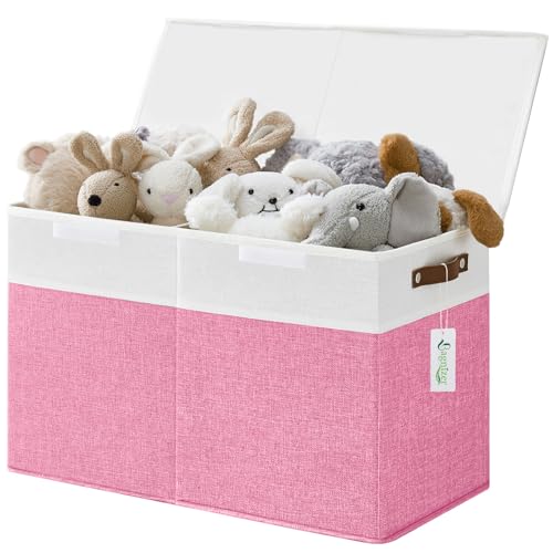 Large Toy Storage Box with Lids, Collapsible Sturdy Baby Storage Organizer Chest Bin Basket for Kids, Boys, Girls, Playroom, Nursery, Bedroom, Closet 25"x13"x16" (Pink and White) - color: Pink and White