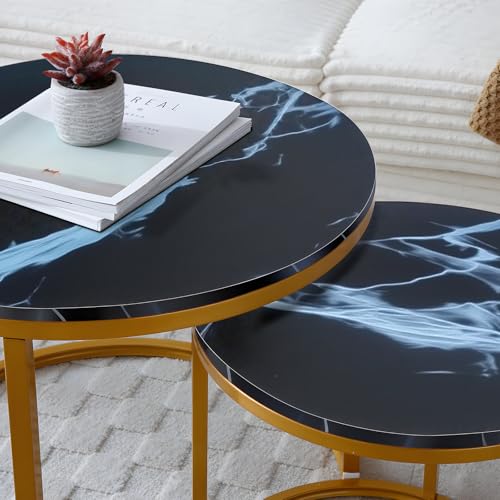 Nesting Coffee Table Set of 2 for Small Spaces, 23.6" Round Coffee Table with Marble Pattern Wood Top & Golden Metal Frame, Modern End Side Tables for Living Room, Apartment - color: Black, Gold
