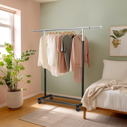 Simple Houseware Standard Rod Garment Clothing Rack, Black | Single Rail, Extendable Width from 30 to 47 Inches, Rolling Clothing Organizer for Bedroom, Laundry, Living Room - color: Black
