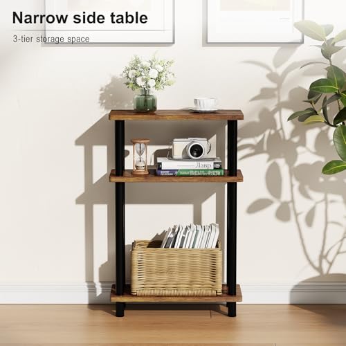 Apicizon Small Narrow Side Table, 3-Tier Skinny End Table, Brown and Black | Sofa Side Table, Slim End Table, Wood Storage Shelf, Slim Nightstand Bedside Table for Narrow Spaces, Living Room, Bedroom - color: Rustic Brown and Black, style: Narrow Side Tab