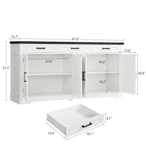 usikey Large Sideboard Buffet Cabinet with 4 Doors and 3 Drawers, Farmhouse Buffet Table, Dining Room Storage Cabinet for Kitchen or Living Room, White
