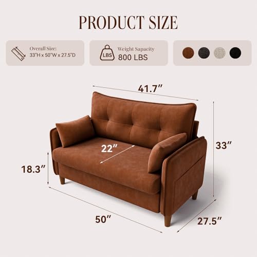 50" Mini Loveseat Couch for Small Space Tufted Love Seat Sofa for Bedroom and Apartment | Small Couches Brown - color: Brown