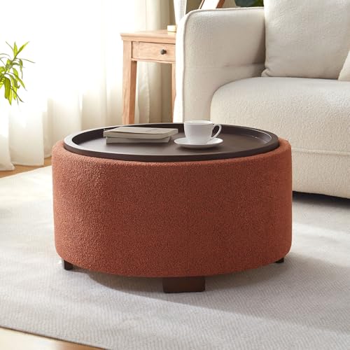 Zihanhome 30 Inch Round Storage Ottoman, Ottoman Coffee Table with Lift Off Lid, Boucle Modern Ottomans with Storage for Living Room, Bedroom, Apartments (Orange) - color: Orange
