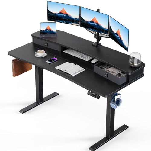HUANUO 55 x 26 Standing Desk with 2 Drawers, C-Clamp Compatible, Black - color: Black, size: 55" X 26"