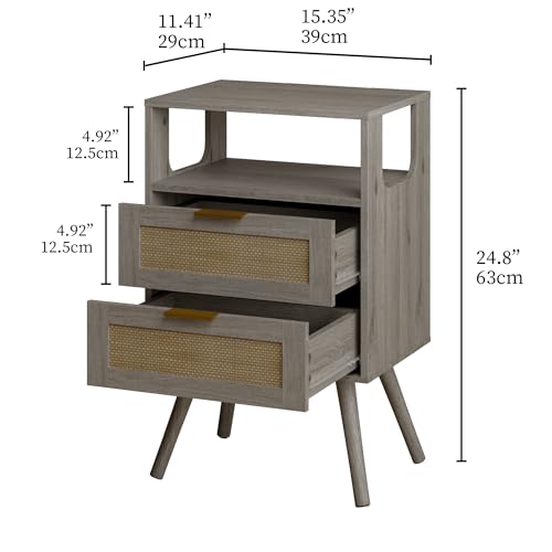 Rattan Nightstand,Farmhouse Bedside Table with 2 Storage Drawer and Open Wood Shelf, for Bedroom and Small Spaces,Night Stand with Solid Wood Legs (Grey Oak) - color: Grey Oak