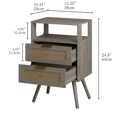 Rattan Nightstand,Farmhouse Bedside Table with 2 Storage Drawer and Open Wood Shelf, for Bedroom and Small Spaces,Night Stand with Solid Wood Legs (Grey Oak) - color: Grey Oak