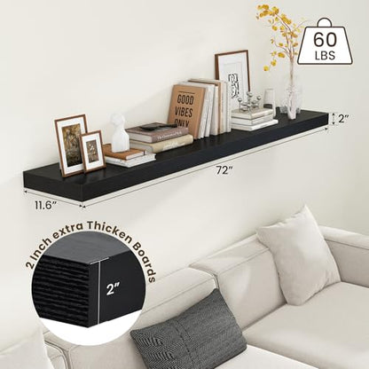 72 Inch Floating Shelf, 12'' Deep Black Shelves for Wall Set of 1 | Invisible Brackets, Engineered Wood, Mounting Hardware Included, 60LBS, Bathroom, Laundry Room, Kitchen, Living Room - color: Black, size: 72W x 11.6D x 2H, 1 Pack