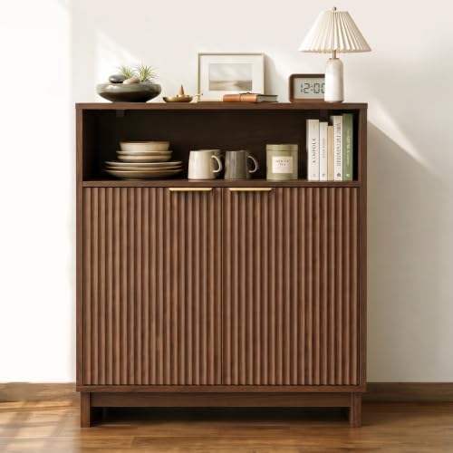 Buffet Cabinet with Storage, 31.5" Wide Kitchen Sideboard, Walnut | Mid Century Modern Wood Fluted Cabinet with Doors& Adjustable Shelves for Entryway Living Room Hallway Coffee Bar Dining Room - color: Walnut